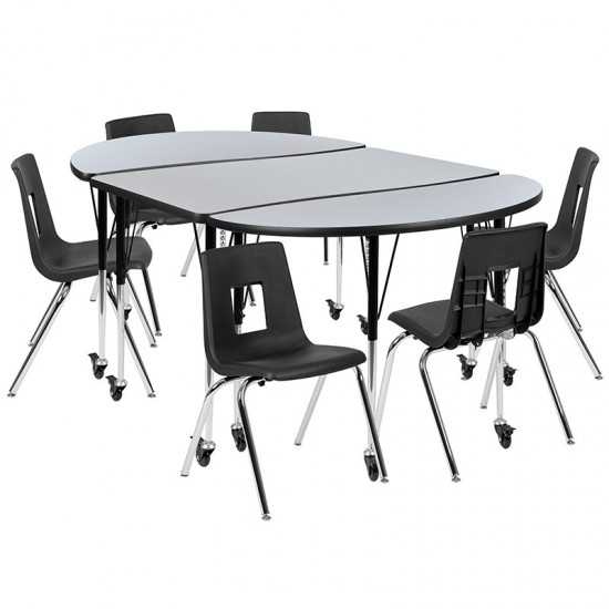 Mobile 76" Oval Wave Collaborative Laminate Activity Table Set with 18" Student Stack Chairs, Grey/Black