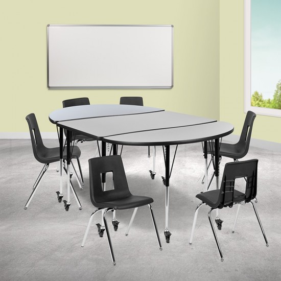 Mobile 76" Oval Wave Collaborative Laminate Activity Table Set with 18" Student Stack Chairs, Grey/Black