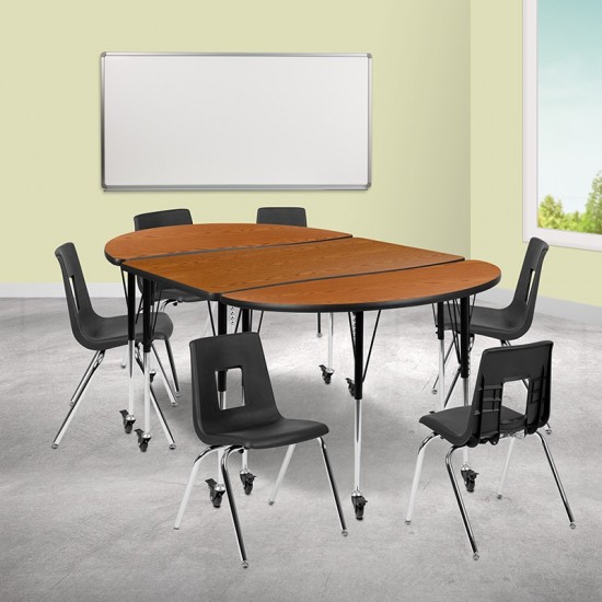 Mobile 76" Oval Wave Collaborative Laminate Activity Table Set with 18" Student Stack Chairs, Oak/Black