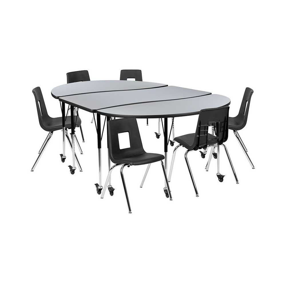 Mobile 86" Oval Wave Collaborative Laminate Activity Table Set with 18" Student Stack Chairs, Grey/Black