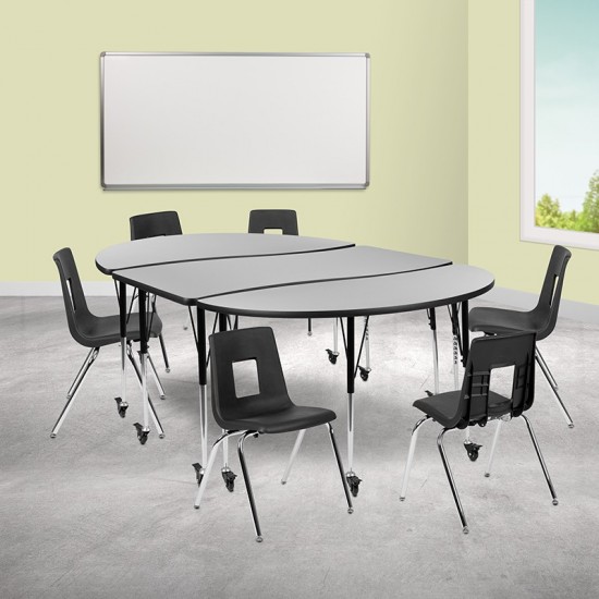 Mobile 86" Oval Wave Collaborative Laminate Activity Table Set with 18" Student Stack Chairs, Grey/Black