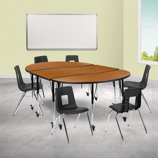 Mobile 86" Oval Wave Collaborative Laminate Activity Table Set with 18" Student Stack Chairs, Oak/Black