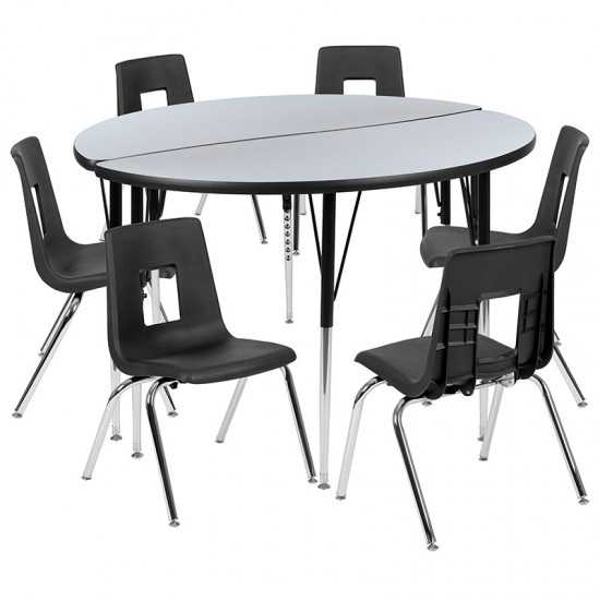 47.5" Circle Wave Collaborative Laminate Activity Table Set with 18" Student Stack Chairs, Grey/Black