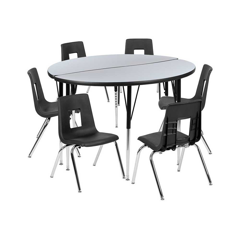 47.5" Circle Wave Collaborative Laminate Activity Table Set with 18" Student Stack Chairs, Grey/Black