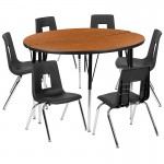 47.5" Circle Wave Collaborative Laminate Activity Table Set with 18" Student Stack Chairs, Oak/Black