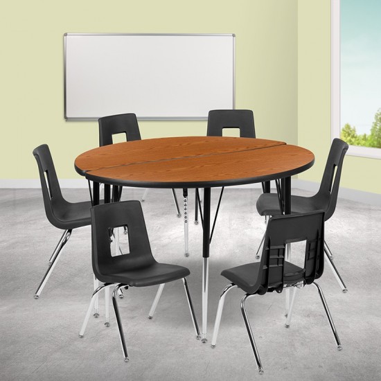 47.5" Circle Wave Collaborative Laminate Activity Table Set with 18" Student Stack Chairs, Oak/Black