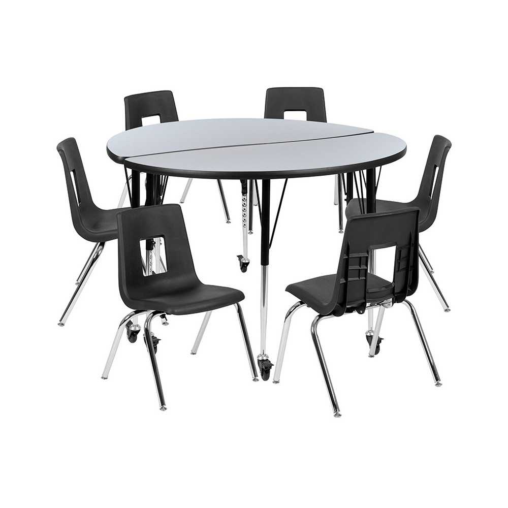 Mobile 47.5" Circle Wave Collaborative Laminate Activity Table Set with 18" Student Stack Chairs, Grey/Black