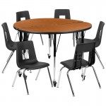 Mobile 47.5" Circle Wave Collaborative Laminate Activity Table Set with 18" Student Stack Chairs, Oak/Black