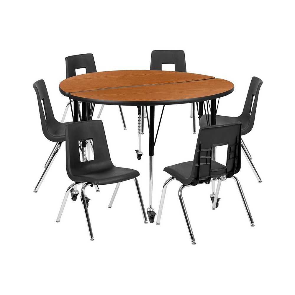 Mobile 47.5" Circle Wave Collaborative Laminate Activity Table Set with 18" Student Stack Chairs, Oak/Black