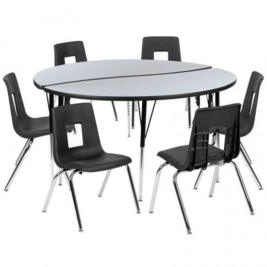 60" Circle Wave Collaborative Laminate Activity Table Set with 18" Student Stack Chairs, Grey/Black