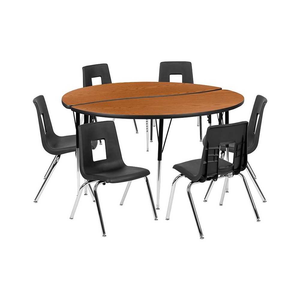 60" Circle Wave Collaborative Laminate Activity Table Set with 18" Student Stack Chairs, Oak/Black