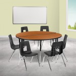 60" Circle Wave Collaborative Laminate Activity Table Set with 18" Student Stack Chairs, Oak/Black