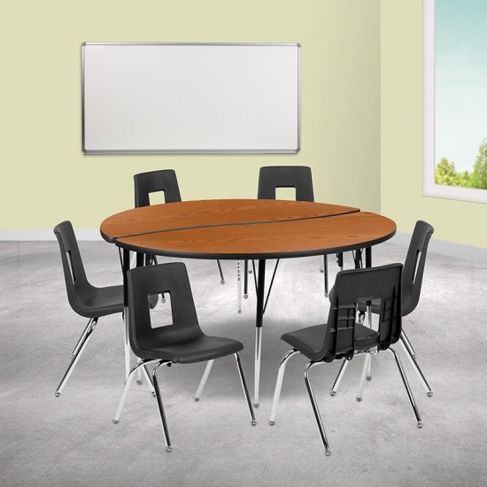 60" Circle Wave Collaborative Laminate Activity Table Set with 18" Student Stack Chairs, Oak/Black