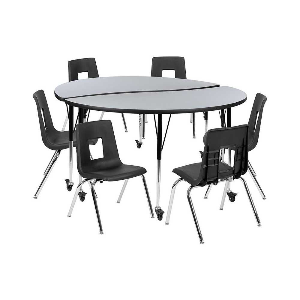 Mobile 60" Circle Wave Collaborative Laminate Activity Table Set with 18" Student Stack Chairs, Grey/Black