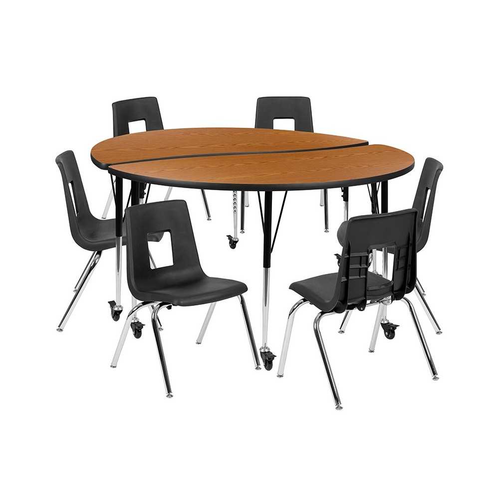 Mobile 60" Circle Wave Collaborative Laminate Activity Table Set with 18" Student Stack Chairs, Oak/Black