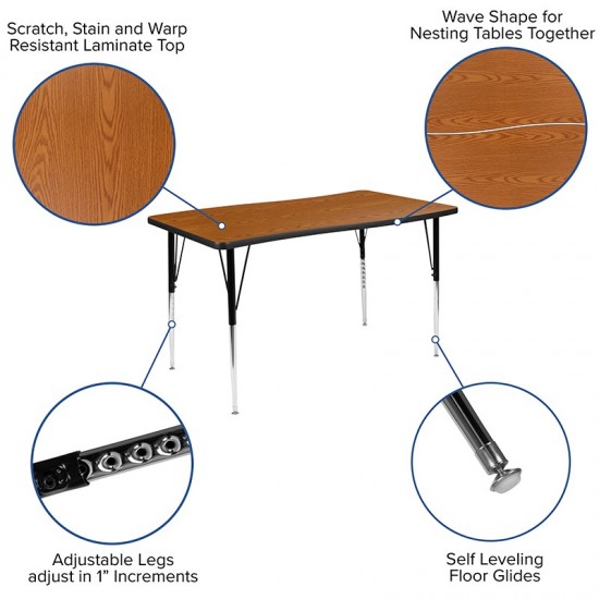 3 Piece 76" Oval Wave Collaborative Oak Thermal Laminate Activity Table Set - Standard Height Adjustable Legs