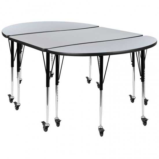 3 Piece Mobile 76" Oval Wave Collaborative Grey Thermal Laminate Activity Table Set-Standard Height Adjustable Legs