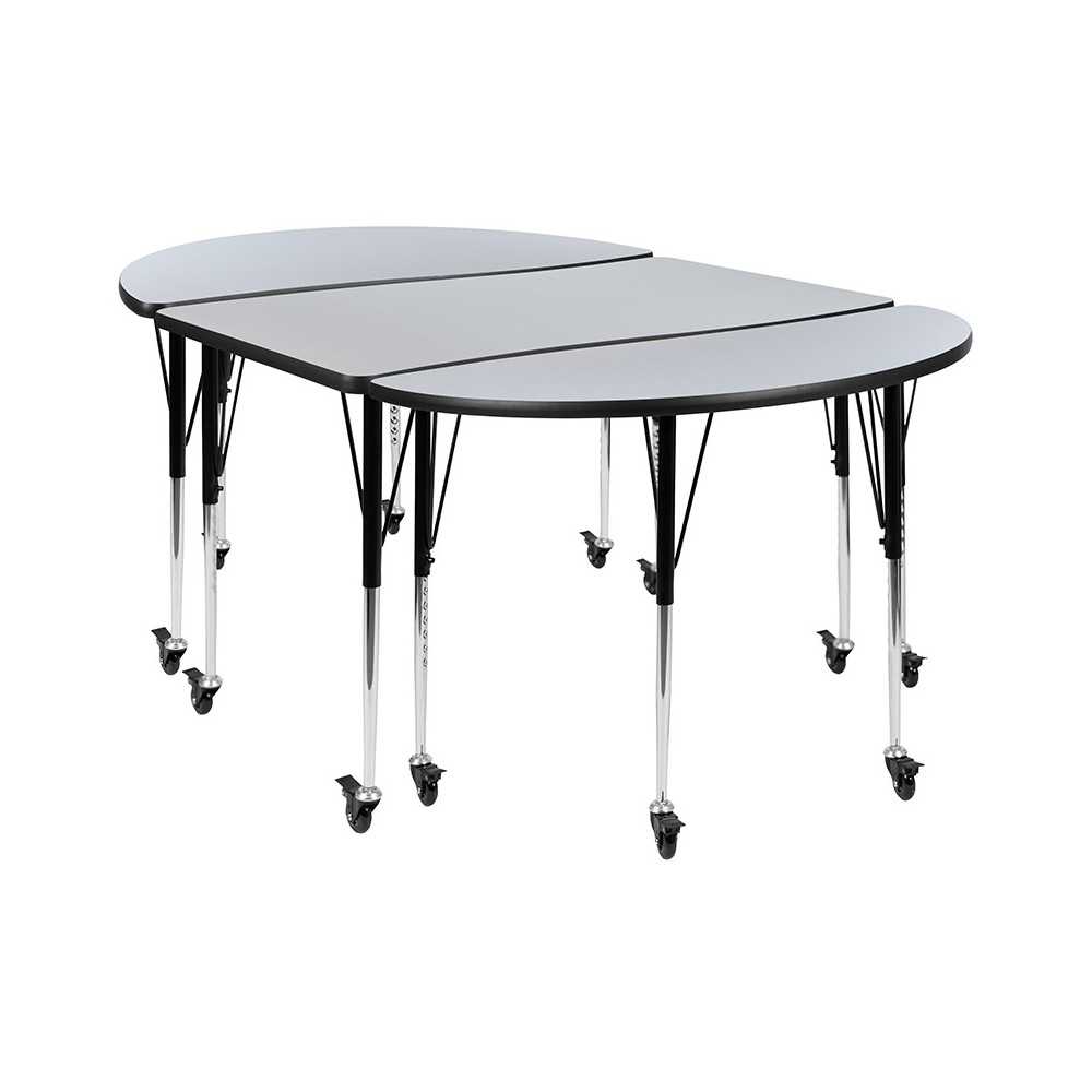 3 Piece Mobile 76" Oval Wave Collaborative Grey Thermal Laminate Activity Table Set-Standard Height Adjustable Legs