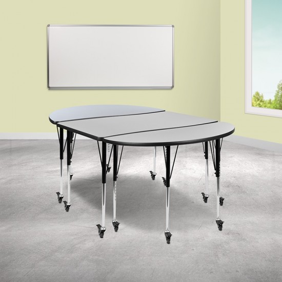 3 Piece Mobile 76" Oval Wave Collaborative Grey Thermal Laminate Activity Table Set-Standard Height Adjustable Legs