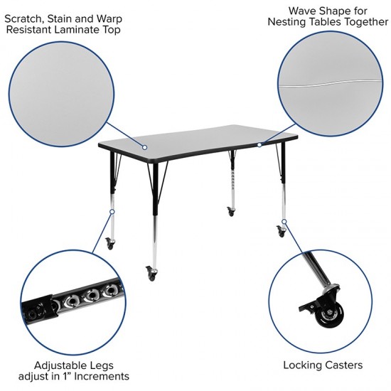 3 Piece Mobile 76" Oval Wave Collaborative Grey Thermal Laminate Activity Table Set-Standard Height Adjustable Legs