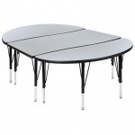 3 Piece 76" Oval Wave Collaborative Grey Thermal Laminate Activity Table Set - Height Adjustable Short Legs