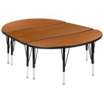 3 Piece 76" Oval Wave Collaborative Oak Thermal Laminate Activity Table Set - Height Adjustable Short Legs