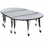 3 Piece Mobile 76" Oval Wave Collaborative Grey Thermal Laminate Activity Table Set - Height Adjustable Short Legs