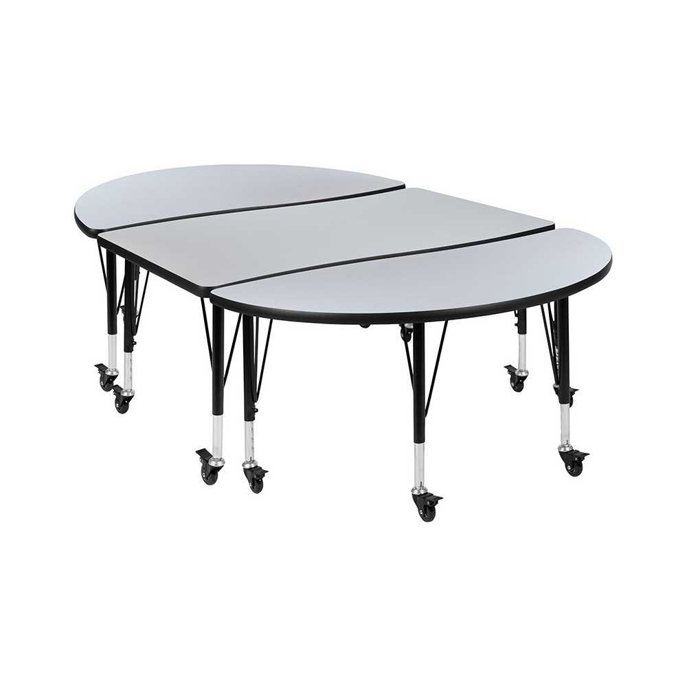 3 Piece Mobile 76" Oval Wave Collaborative Grey Thermal Laminate Activity Table Set - Height Adjustable Short Legs