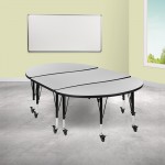 3 Piece Mobile 76" Oval Wave Collaborative Grey Thermal Laminate Activity Table Set - Height Adjustable Short Legs