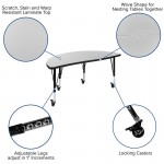 3 Piece Mobile 76" Oval Wave Collaborative Grey Thermal Laminate Activity Table Set - Height Adjustable Short Legs