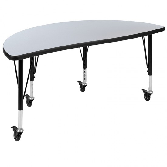 3 Piece Mobile 76" Oval Wave Collaborative Grey Thermal Laminate Activity Table Set - Height Adjustable Short Legs