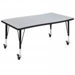 3 Piece Mobile 76" Oval Wave Collaborative Grey Thermal Laminate Activity Table Set - Height Adjustable Short Legs