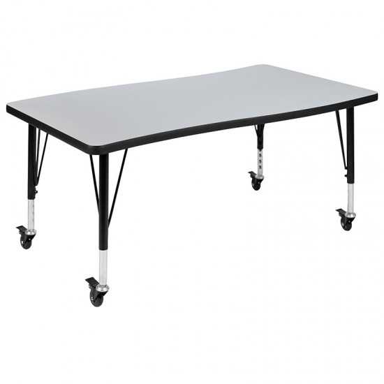 3 Piece Mobile 76" Oval Wave Collaborative Grey Thermal Laminate Activity Table Set - Height Adjustable Short Legs