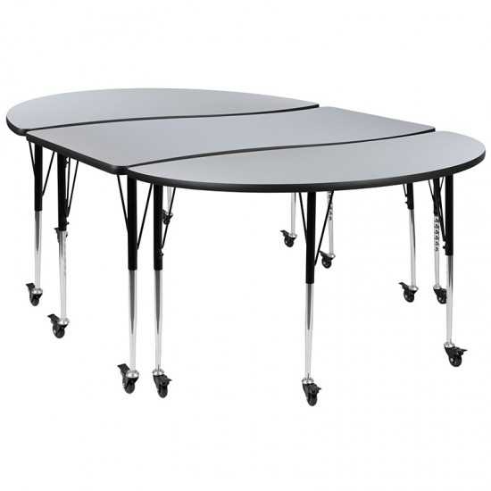 3 Piece Mobile 86" Oval Wave Collaborative Grey Thermal Laminate Activity Table Set-Standard Height Adjustable Legs