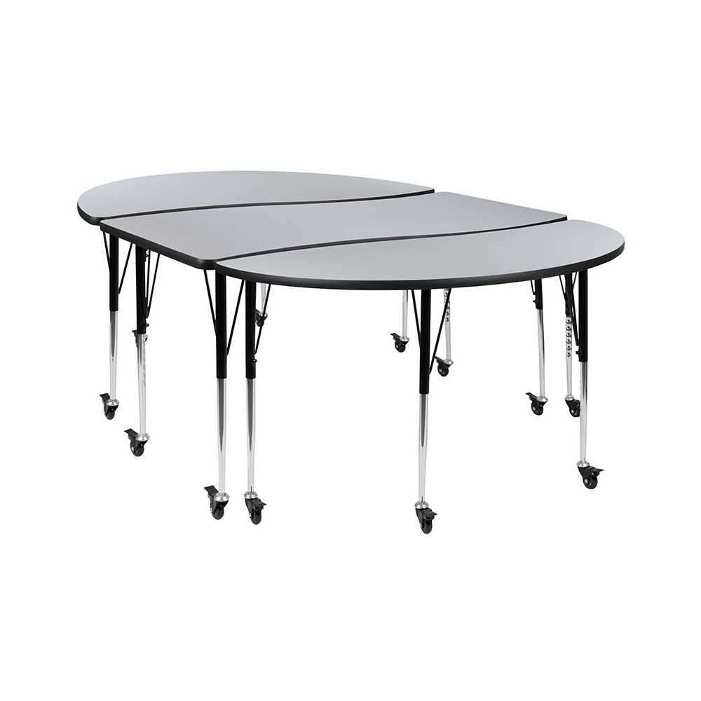 3 Piece Mobile 86" Oval Wave Collaborative Grey Thermal Laminate Activity Table Set-Standard Height Adjustable Legs