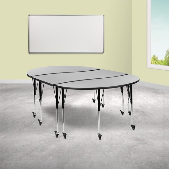 3 Piece Mobile 86" Oval Wave Collaborative Grey Thermal Laminate Activity Table Set-Standard Height Adjustable Legs