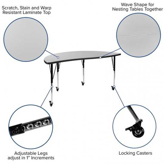 3 Piece Mobile 86" Oval Wave Collaborative Grey Thermal Laminate Activity Table Set-Standard Height Adjustable Legs