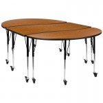 3 Piece Mobile 86" Oval Wave Collaborative Oak Thermal Laminate Activity Table Set-Standard Height Adjustable Legs