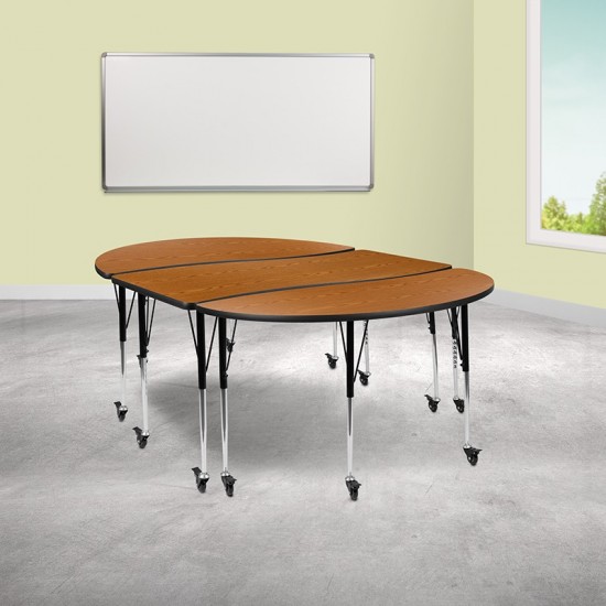 3 Piece Mobile 86" Oval Wave Collaborative Oak Thermal Laminate Activity Table Set-Standard Height Adjustable Legs