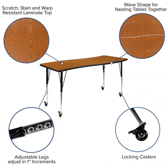 3 Piece Mobile 86" Oval Wave Collaborative Oak Thermal Laminate Activity Table Set-Standard Height Adjustable Legs