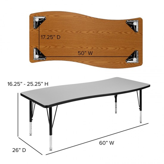 3 Piece 86" Oval Wave Collaborative Grey Thermal Laminate Activity Table Set - Height Adjustable Short Legs