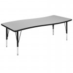 3 Piece 86" Oval Wave Collaborative Grey Thermal Laminate Activity Table Set - Height Adjustable Short Legs