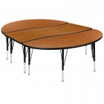 3 Piece 86" Oval Wave Collaborative Oak Thermal Laminate Activity Table Set - Height Adjustable Short Legs