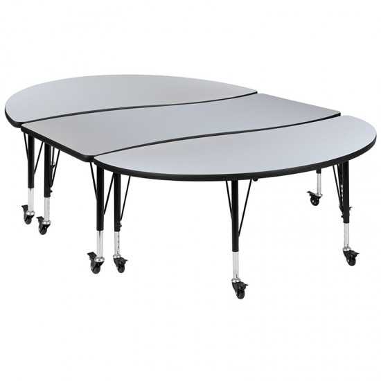 3 Piece Mobile 86" Oval Wave Collaborative Grey Thermal Laminate Activity Table Set - Height Adjustable Short Legs