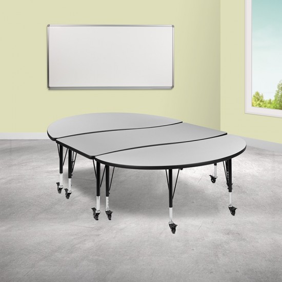 3 Piece Mobile 86" Oval Wave Collaborative Grey Thermal Laminate Activity Table Set - Height Adjustable Short Legs