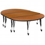 3 Piece Mobile 86" Oval Wave Collaborative Oak Thermal Laminate Activity Table Set - Height Adjustable Short Legs