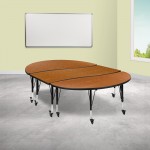 3 Piece Mobile 86" Oval Wave Collaborative Oak Thermal Laminate Activity Table Set - Height Adjustable Short Legs