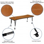 3 Piece Mobile 86" Oval Wave Collaborative Oak Thermal Laminate Activity Table Set - Height Adjustable Short Legs