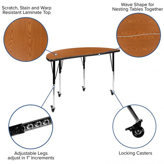 2 Piece Mobile 47.5" Circle Wave Collaborative Oak Thermal Laminate Adjustable Activity Table Set