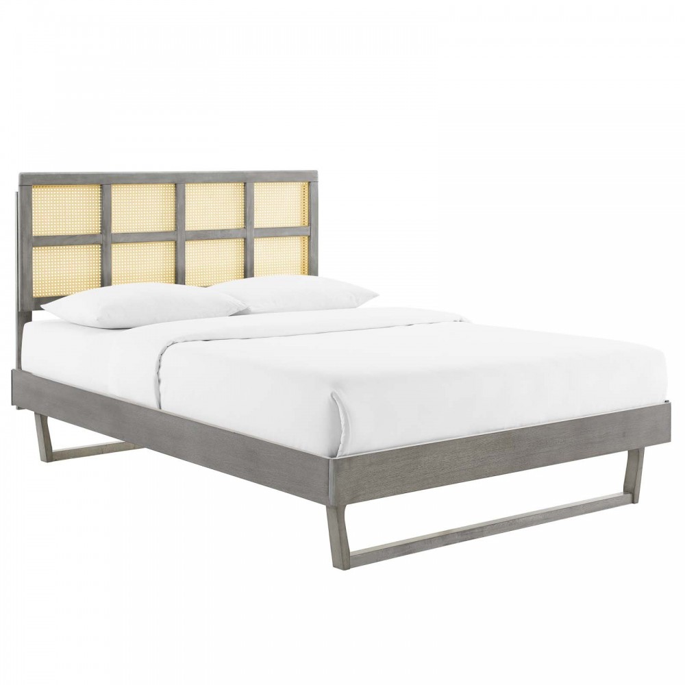 Sidney Cane and Wood Queen Platform Bed With Angular Legs Sidney Cane and Wood Queen Platform Bed With Angular Legs